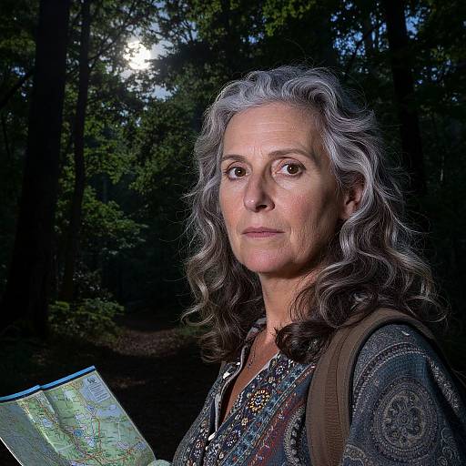 Photograph of an older woman with wavy gray hair, wearing a patterned shirt, holding a map, in a dark forest with sunlight filtering through