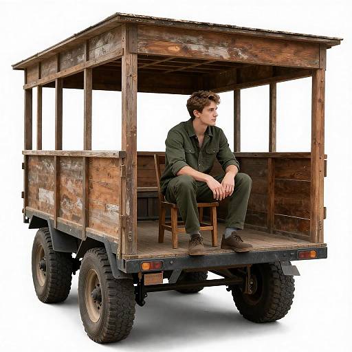 Young Man Seated in Rustic Truck