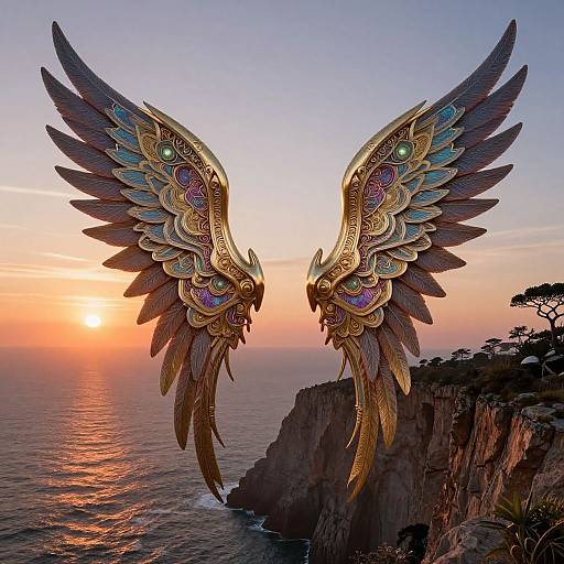 Photograph of ornate, golden-feathered wings with intricate blue and green patterns, soaring over a sunsetting ocean, cliffs in silhouette.