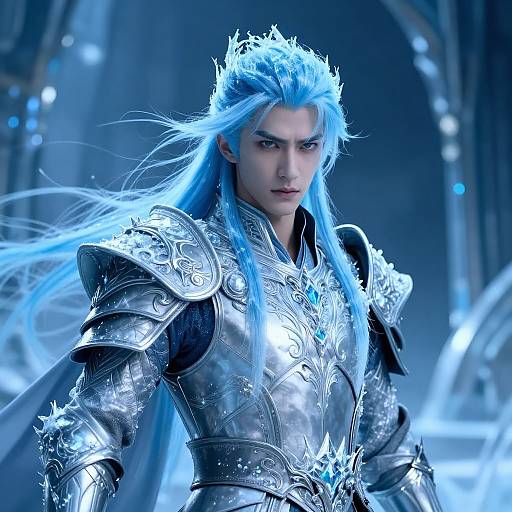 CGI image of a blue-haired, stern-faced male warrior in silver, ornate armor with a blue gem, standing in a glowing, icy background