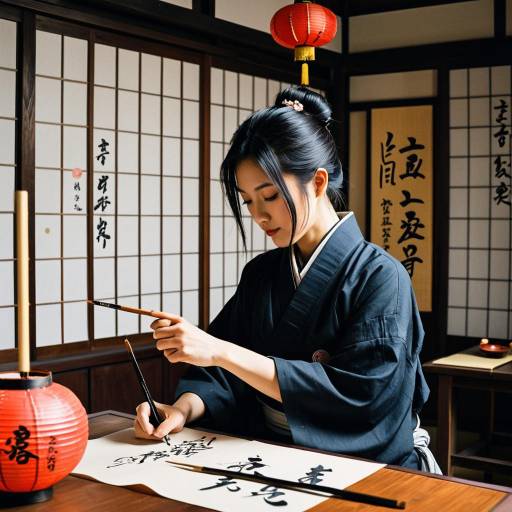 Japanese Woman Practicing Calligraphy in Traditional Room