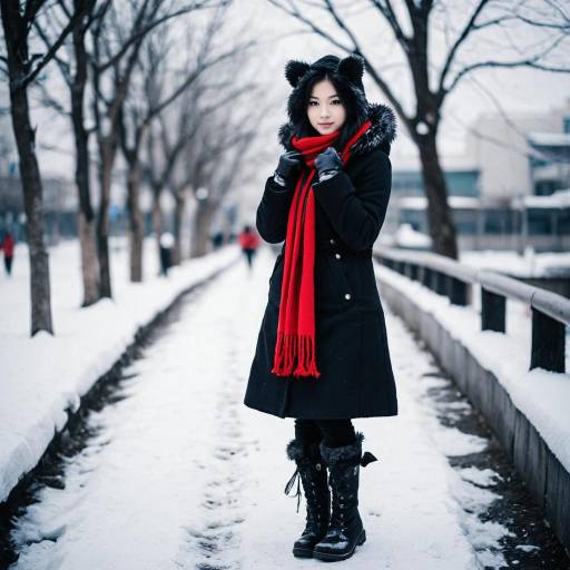 Young Woman in Winter Coat and Red Scarf