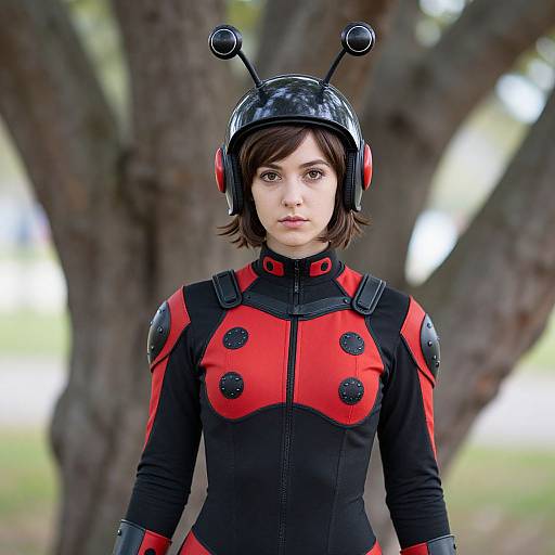 Photograph of a young woman with short brown hair, wearing a black and red bug-themed superhero costume with antennae helmet, standing in front of a