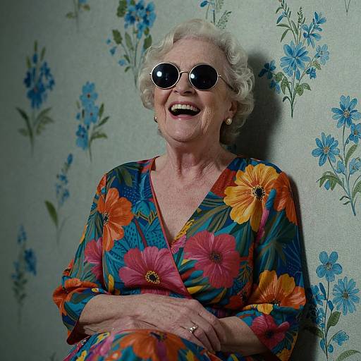 Photograph of elderly woman with short white hair, wearing round sunglasses, colorful floral dress, and smiling, standing against blue floral wallpaper.