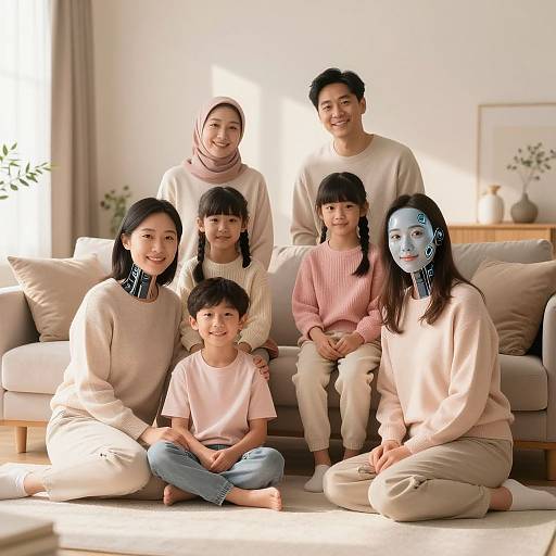 Cybernetic Family in Cozy Living Room