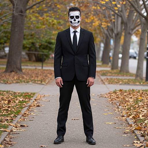 Photograph of a man in a black suit and white shirt, with a skull face mask, standing on a leaf-littered park path with autumn