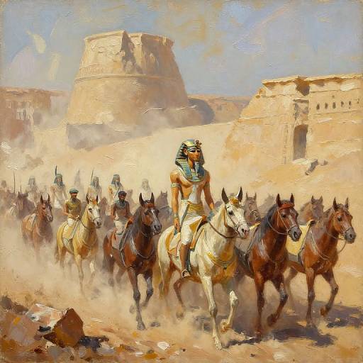 Painting of an Egyptian pharaoh in a blue and gold headdress, riding a white horse at the front of a galloping army, with