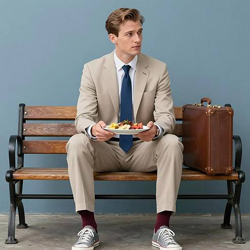 Man in Beige Suit on Wooden Bench