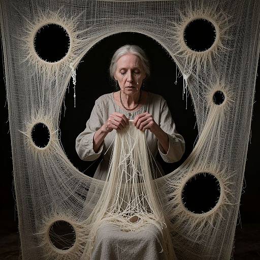Photograph of an elderly woman with white hair, wearing a beige dress, holding fishing net with large black circular holes. Dark background, focused on net