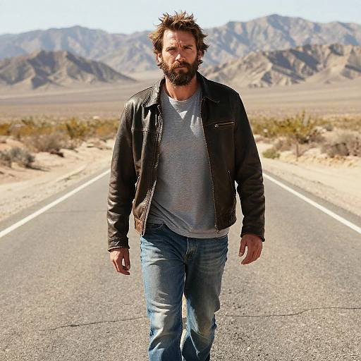 Photograph of a bearded man with messy brown hair, wearing a black leather jacket, gray t-shirt, and blue jeans, walking down a desert