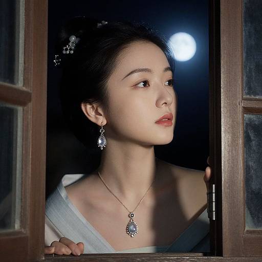 Photograph of an elegant Asian woman with fair skin, dark hair in an updo, wearing a white dress, and ornate jewelry, gazing