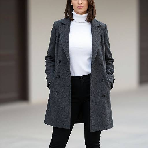 Photograph of an Asian woman with shoulder-length black hair, wearing a dark gray double-breasted coat over a white turtleneck and black pants,