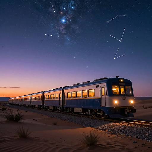 Photograph of a train at night in a desert, illuminated by orange interior lights, with a starry sky and visible constellations.
