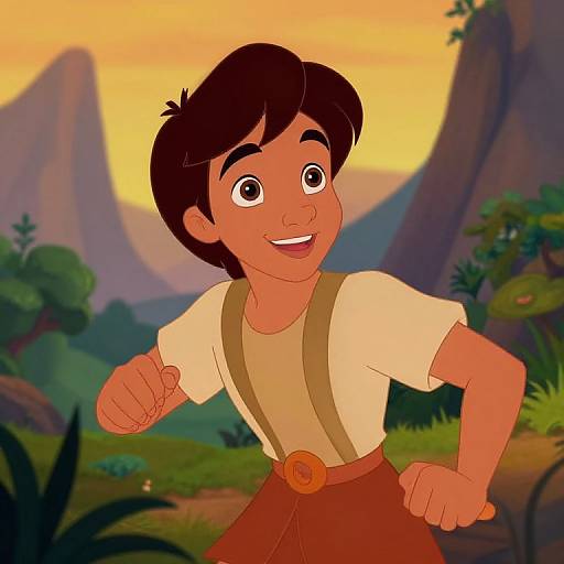 Animated Disney-style boy with brown hair, white shirt, brown suspenders, and red pants, smiling confidently in vibrant, mountainous forest landscape.