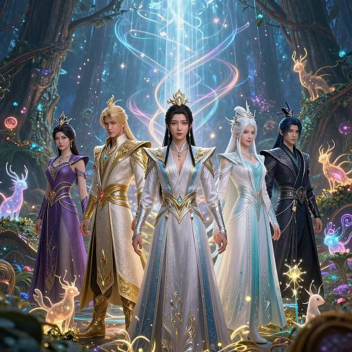Digital fantasy artwork of five regal, ethereal characters in elaborate, glowing outfits, standing in a magical forest with glowing fireflies and swirling blue light