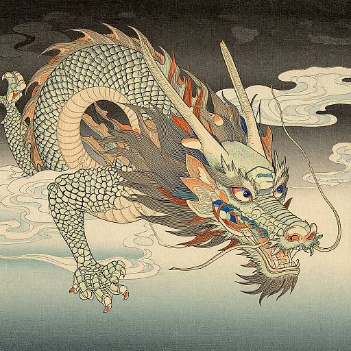 Digital drawing of a fierce, serpent-like dragon with scales, sharp claws, and flowing mane, soaring through cloudy sky with intense expression.