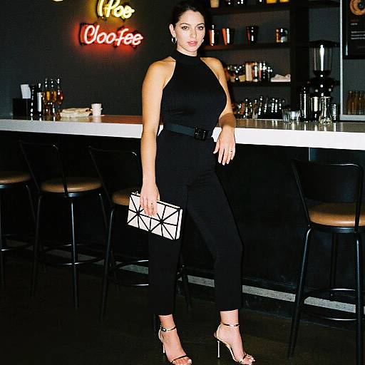Photograph of a stylish woman with dark hair in a black sleeveless top and high-waisted pants, holding a geometric clutch, standing in a