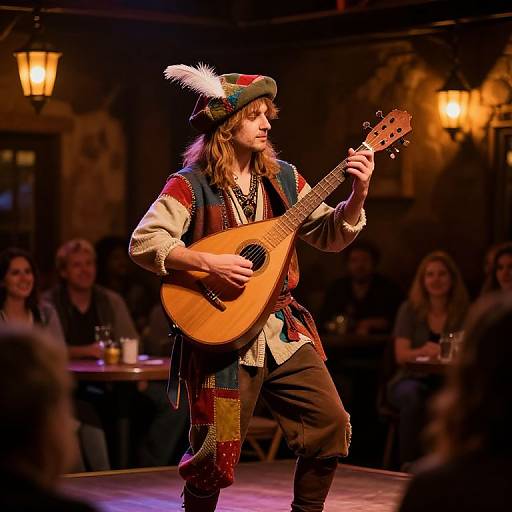 Photograph of a long-haired musician in colorful, patchwork attire and feathered hat, passionately playing a mandolin on a dimly lit stage in