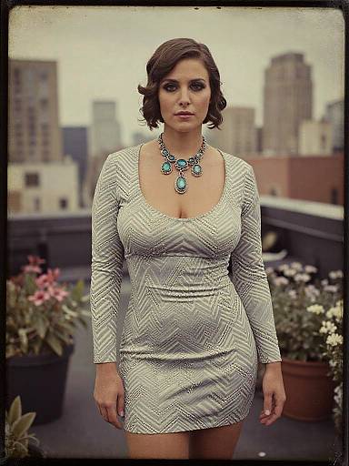 Photograph of a curvy woman with short brown hair, wearing a silver patterned dress and turquoise necklace, standing on a rooftop with cityscape background
