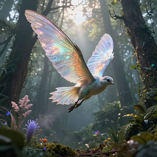 Digital fantasy artwork of a glowing, iridescent bird with rainbow wings flying over a mystical forest filled with glowing flowers.