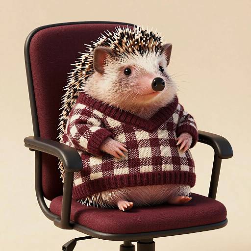 Photorealistic CGI of a cute hedgehog wearing a maroon and white checkered sweater, seated in a dark red office chair.