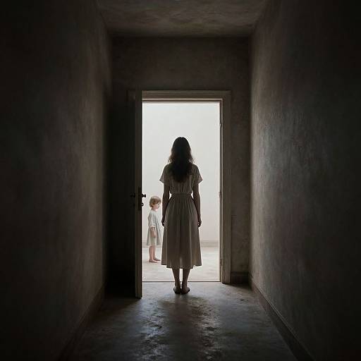 Photograph of a dark hallway with a silhouette of a woman in a dress standing at the open door, facing two children outside.