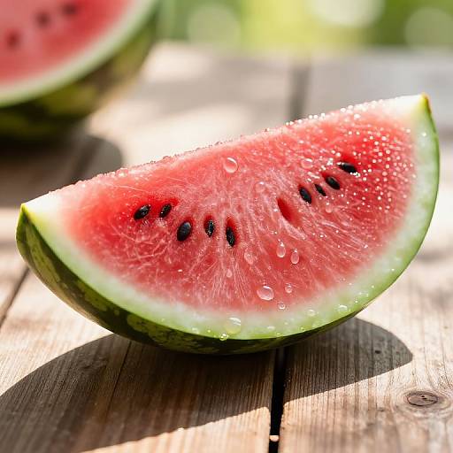 Photograph of a juicy, water-dropped, red-striped watermelon slice with black seeds, resting on a sunlit wooden surface.
