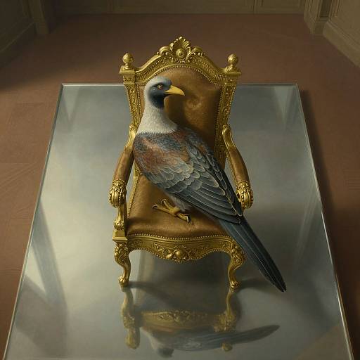 Photograph of a realistic bird sculpture seated on an ornate, gold-framed, brown leather chair, displayed on a glass pedestal.