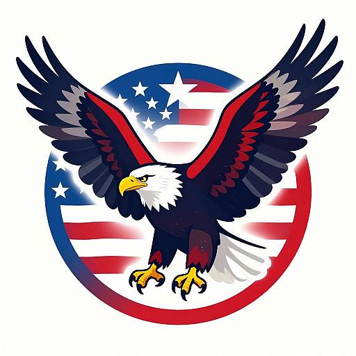 Digital illustration of a bald eagle with outstretched wings, set against a circular American flag background, featuring bold red, white, and blue colors.