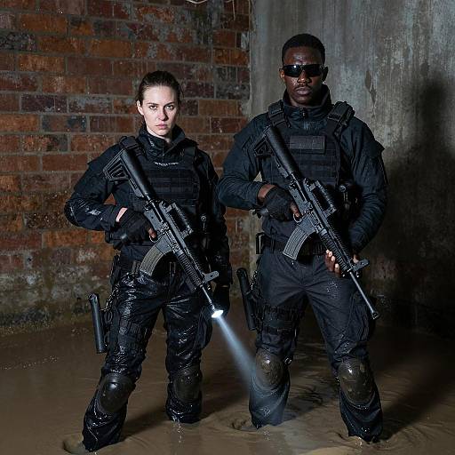 Tactical Duo in Muddy Urban Environment