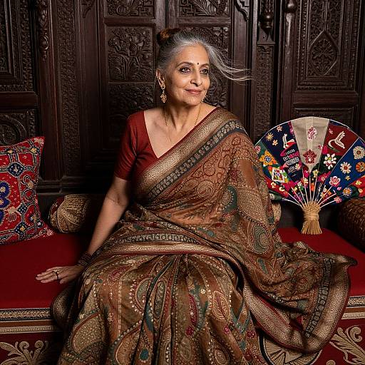 Photograph of an elderly Indian woman with gray hair, wearing a brown, gold-embroidered sari, sitting on a red cushioned bench