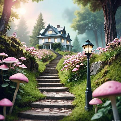 Fantasy Forest Path with Pink Mushrooms and White House