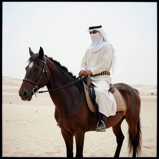 Photograph of a man in traditional white Arabian attire and headscarf riding a dark brown horse in a sandy desert.
