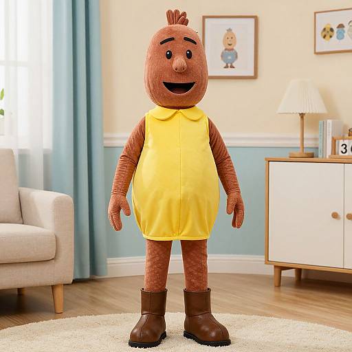 Photograph of a plush, brown, smiling Gromit toy in a yellow dress and brown boots, standing in a brightly lit, cozy nursery with