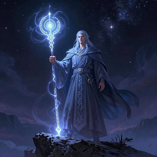 Digital art of a white-haired wizard in a blue robe, holding a glowing, magical staff, standing on a rocky cliff under a starry night sky