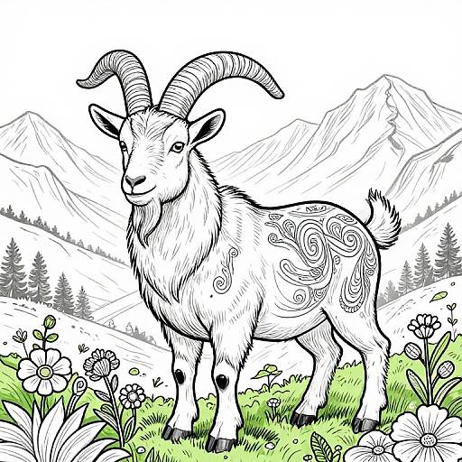 Intricate Goat Line Art in Mountains