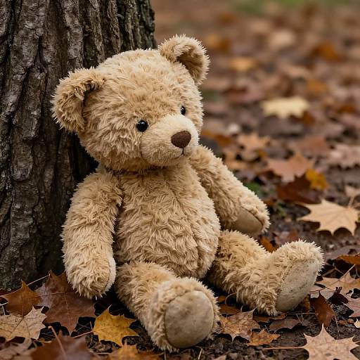 Photograph of a fluffy, beige teddy bear sitting against a tree trunk, surrounded by autumn leaves on a forest floor.