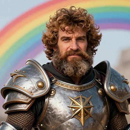 Photorealistic digital portrait of a bearded, curly-haired man in medieval armor with a star emblem, standing before a vibrant rainbow.