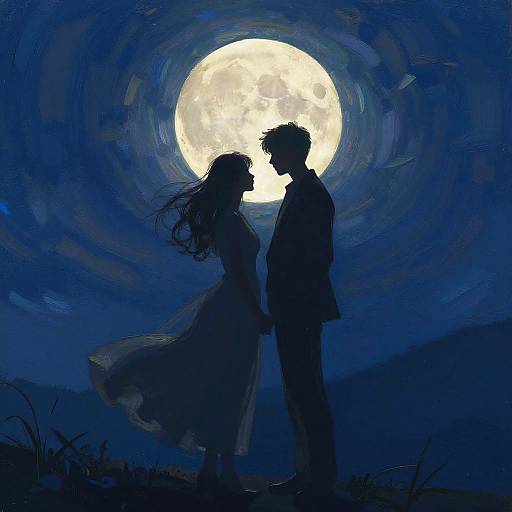 Silhouetted Couple Under Full Moon