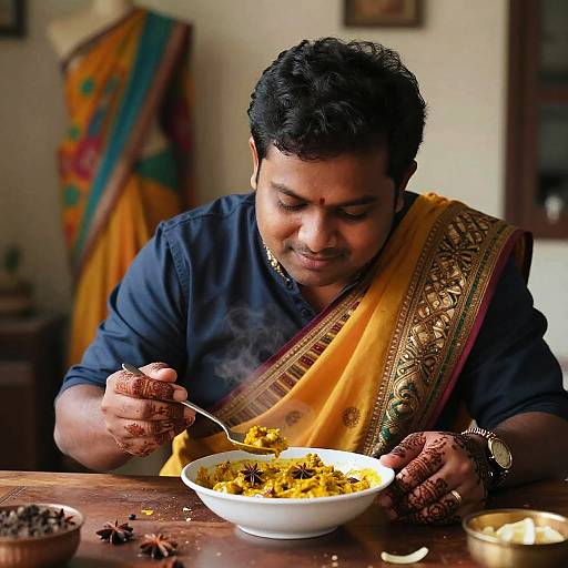 Indian Man Eating Curry at Wooden Table