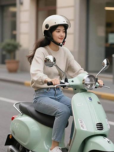 Young Woman Riding Mint Green Scooter