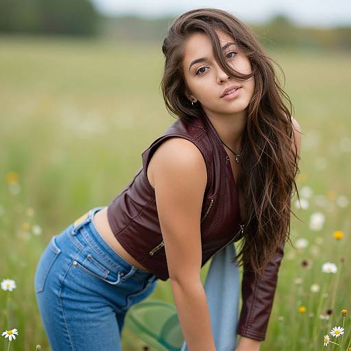 Photograph of a young woman with long brown hair, wearing a brown leather crop top and blue jeans, leaning forward in a green meadow with white