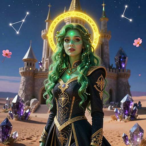 Digital fantasy artwork: Green-haired woman with glowing halo, ornate black dress, stands in front of a magical castle under a starry night sky,