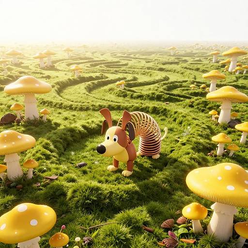 Photograph of a plush toy zebra and dog standing among yellow mushrooms in a sunlit, grassy meadow with a bright, hazy background