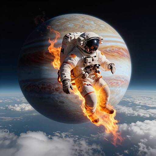 Digital artwork of an astronaut in a white spacesuit with flames engulfing it, floating in front of a large, planet-like celestial body, with a