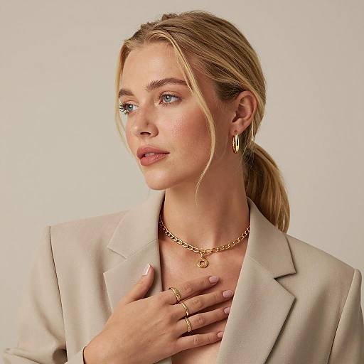 Blonde Woman in Beige Blazer with Gold Jewelry