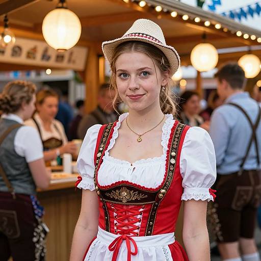Photograph of a young woman in traditional Bavarian dirndl dress with red bodice, white blouse, lace trim, and straw hat, smiling at