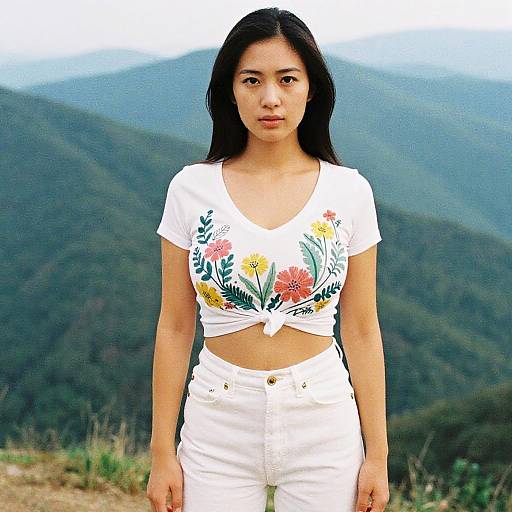 Photograph of an Asian woman with long black hair, wearing a white, floral-patterned crop top and high-waisted white jeans, standing in