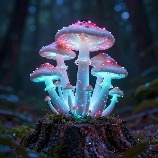 Neon-Illuminated Glowing Mushroom Cluster
