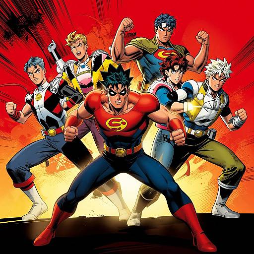 Digital anime-style drawing of six muscular superheroes in dynamic poses, front and center: Superman-like character with red suit and 